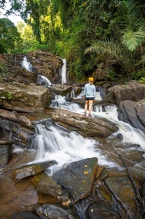 Tourist at Derema Waterfall, flows through dense vegetation, tropical rainforest in Amani Nature
