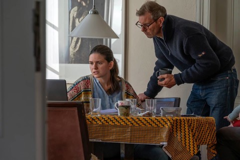 Home office, father and daughter working at breakfast table, Mecklenburg-Vorpommern, Germany