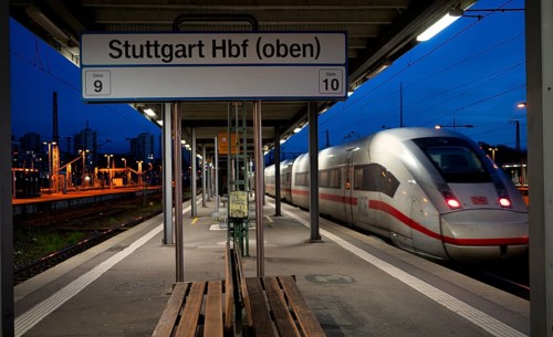 Incoming train, ICE, Intercity Express, track 10, platform, empty, main station, blue hour,