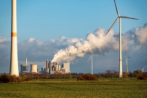 The RWE brown coal power plant in Neurath, wind farm, Rhenish lignite mining district of North