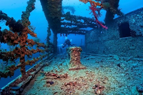 Diver explores Rosalie Moller wreck, shipwreck, British, sunk in World War II on 08.10, 1941 by two