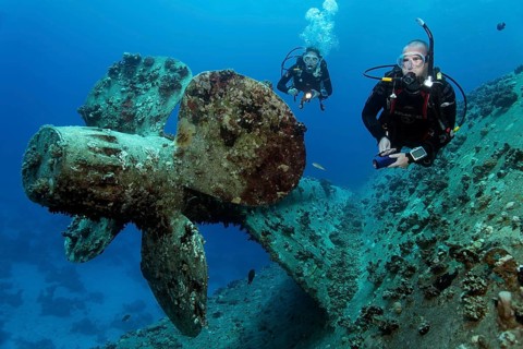 Diver and diver explore wreck, shipwreck, propeller, ship propeller, Salem Express, ferry, Port