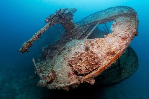 Stern with gun platform and 40mm gun, British, shipwreck, wreck, steamship, SS Thistlegorm,