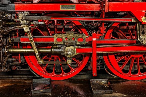 Wheelwork of a historic steam locomotive owned by the Free State of Bavaria, Eisenbahnmuseum,