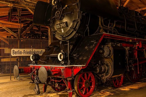 Historic express train locomotive 03 295, built 1937, railway museum, Augsburg railway park,
