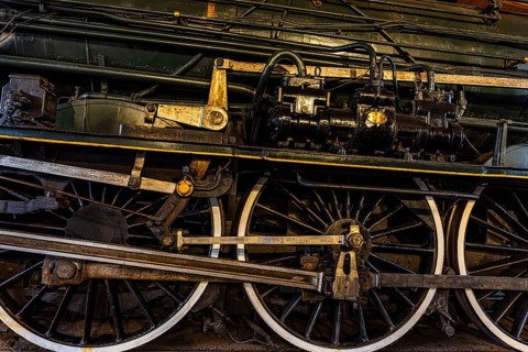 Wheelwork of the legendary French locomotive La France, operating number 231.K 22, railway museum,