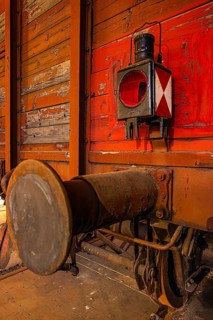 Historic freight car with buffer and tail light, railway museum, Augsburg railway park,
