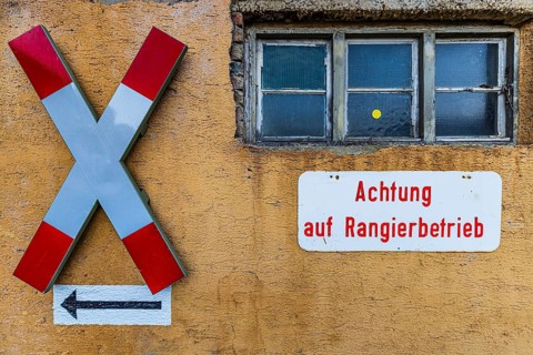 St. Andrew's cross and sign on marshalling, Augsburg railway park, Regierungsbezirk Swabia,