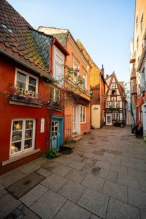 Colourful houses with shops and half-timbered houses in a small alley, picturesque district with