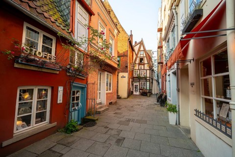 Colourful houses with shops and half-timbered houses in a small alley, picturesque district with