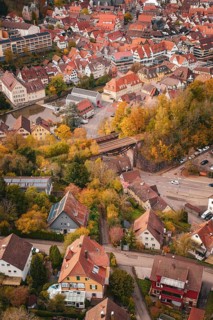 Bird's eye view of a residential area with numerous trees and houses in an autumnal atmosphere,