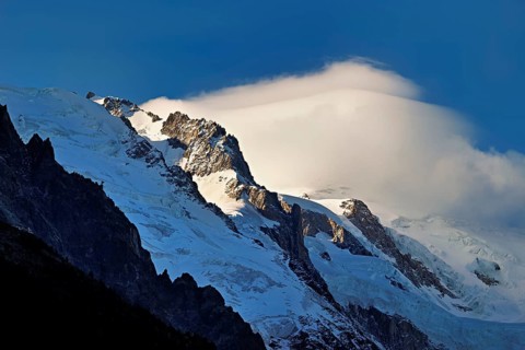 Glaciers in the evening light, in the Mont-Blanc clouds, Chamonix-Mont-Blanc, Haute-Savoie, France