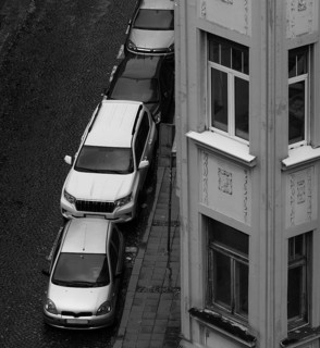 Street with parked cars from above, monochrome, Belgrade, Serbia
