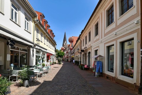 Ettlingen, Germany - August 13th 2025: City center street in Ettlingen old town in summer