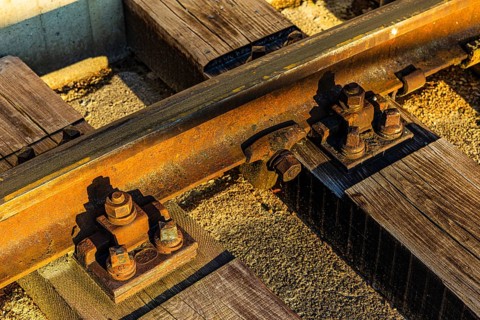 Railway track attached to oak sleepers, Augsburg railway park, administrative district of Swabia,