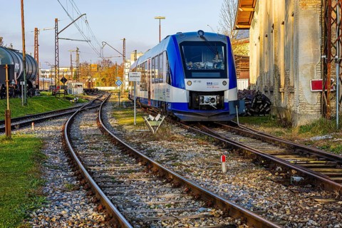 Modern Bavarian Regional Railway train, BRB, parked in front of Augsburg railway park,