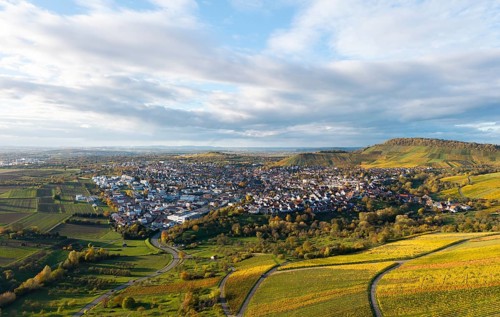 Panoramic view of a village with surrounding vineyards and hills under cloudy sky, autumn,