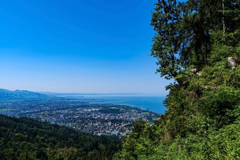 Scenic view of Bregenz and across Lake Constance from Pfänder near Fluh, Bregenz, Vorarlberg,