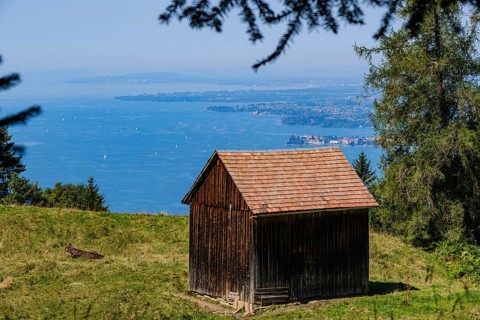 Individual alpine hut with picturesque views over Lake Constance towards Lindau from Pfänder near