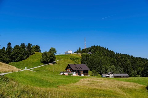 Picturesque alpine meadow landscape on the Pfänder with a view of the Pfänderbahn mountain station
