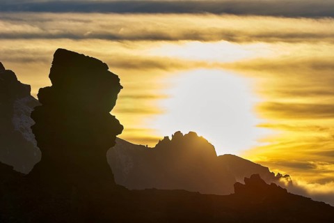 Rock formation in the foreground of a brilliant sunset, UNESCO World Heritage Site, Teide National