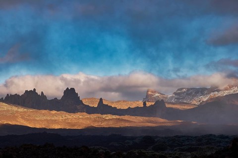 Landscape with mountains in the background and foggy clouds, UNESCO World Heritage Site, Teide