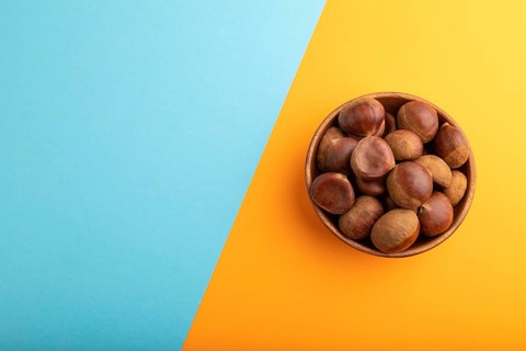 Wooden bowl with raw edible ?hestnuts on blue and orange paper pastel background, top view, flat