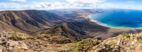 Panorama at Castillejo viewpoint, view from the Risco de Famara cliffs to the coast and the sea