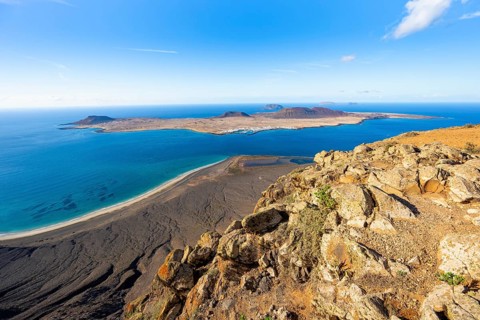 View of the sea and the island of La Graciosa, Mirador del Porrito viewpoint, Lanzarote, Canary