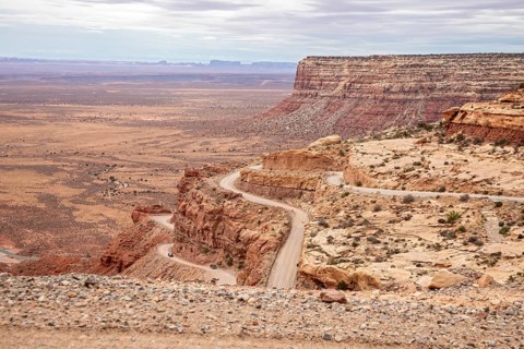 Mexican Hat, Utah - The Moki Dugway, an unpaved road with tight curves and no guardrails which