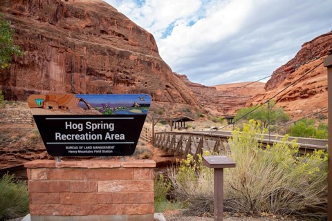 Hite, Utah - Hog Spring Recreation Area. The are has picnic areas and a hiking trail in Red Rock