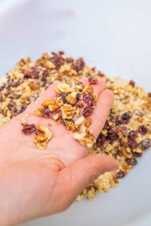 A hand holding a mix of nuts and berries in a bowl, Christmas baking, Haselstaller Hof, Wildberg,