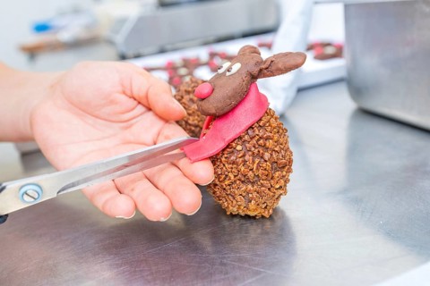 A handcrafted reindeer chocolate with a red scarf, Christmas baking, Haselstaller Hof, Wildberg,