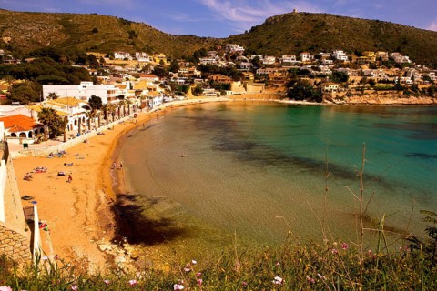 Sandy beach beach, Moraira former fishing village, pearl of the Costa Blanca Valencia, Spain