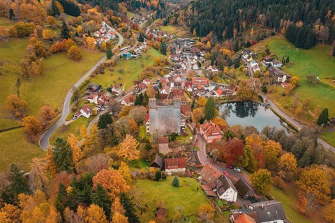 A picturesque village with a castle next to a river, nestled in autumn nature, Berneck Castle,