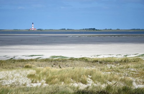 Dune landscape near Sankt Peter-Ording, Westerhever lighthouse, North Sea, Schleswig-Holstein,