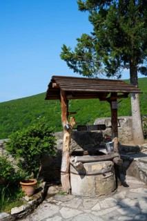 Rustic fountain with wooden roof surrounded by nature and plants in sunny weather, Motsameta