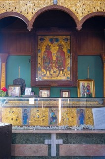 A richly decorated shrine with icons and gold ornaments, religious representations, Motsameta