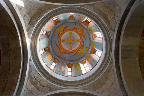 A painted dome ceiling of a church with religious frescoes, Motsameta monastery, near Kutaisi,