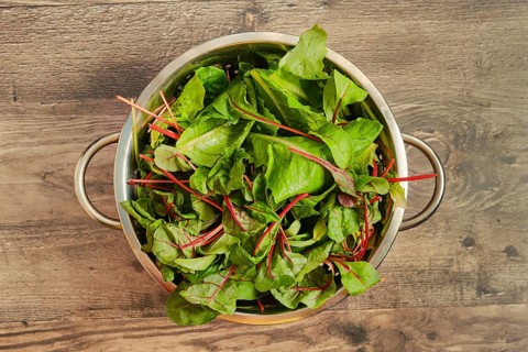 A metal colander filled with green freshly harvested leafy salad sits atop a rustic wooden table.