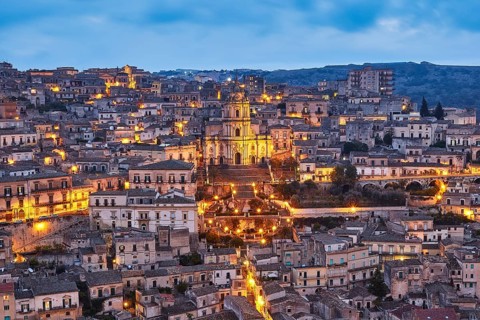 Duomo di San Giorgio, St. George's Cathedral, Modica, night scene of an illuminated city with