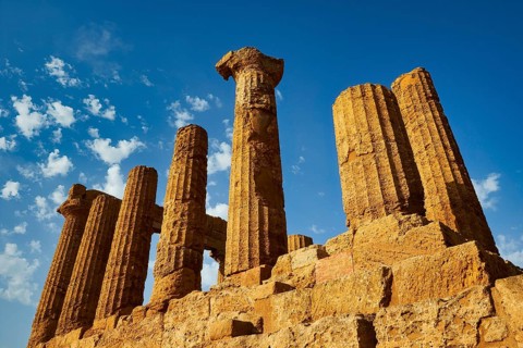Temple of Hera, Temple of Juno, Ancient Sandstone Temple Ruins with Blue Sky and Clouds, Valley of