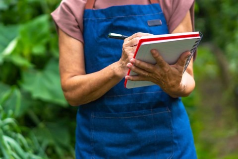 Senior woman in apron holding pen and notebook, carefully recording observations and data about