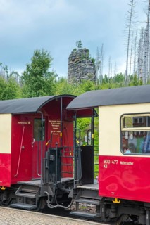 Detail, close-up of the Harz narrow-gauge railways, outdoor area, platform of red and white railway