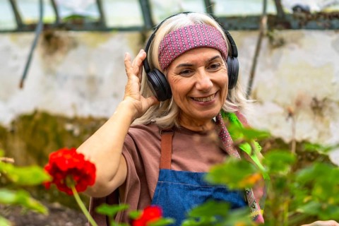 Senior woman wearing headphones and an apron, smiling happily while listening to music and working