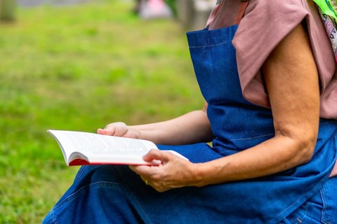 Senior woman sitting in a sunny park, calmly reading a book and enjoying peaceful outdoor leisure