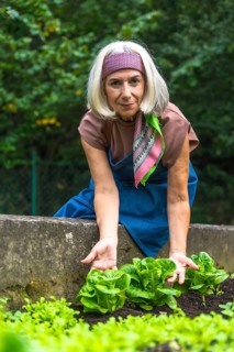 Senior woman harvesting fresh organic lettuce from a raised bed, smiling as she tends her urban