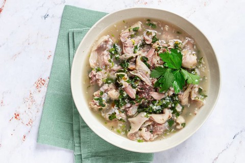 Muzhuzhi, a Georgian dish made from pork legs, with spices and herbs, homemade