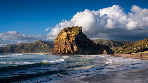 Landscape in New Zealand with sea and sandy beach. Piha Beach and Lion Rock. People on the beach,