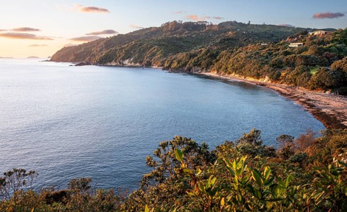 Landscape and sea in New Zealand. View of Te Karo Bay (Sailors Grave) in the morning at sunrise. Te